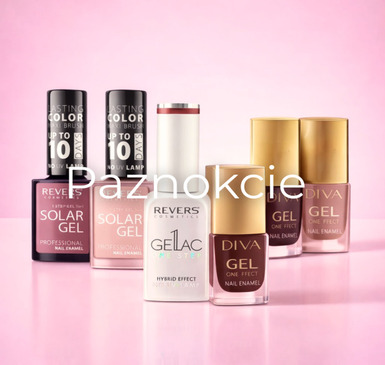 Lakiery hybrydowe Revers Cosmetics Gelac, Solar Gel i Diva Gel w różnych kolorach do stylizacji paznokci