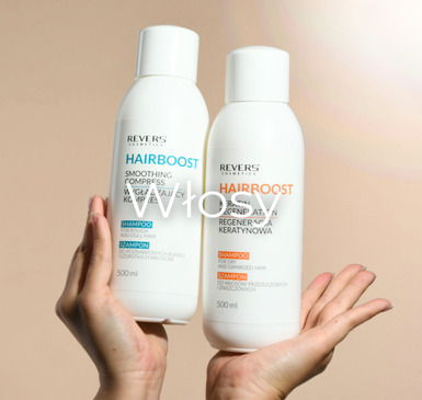 Szampony Revers Hairboost Smooth Hair i Regeneracja Keratynowa 500 ml do pielęgnacji i regeneracji włosów.