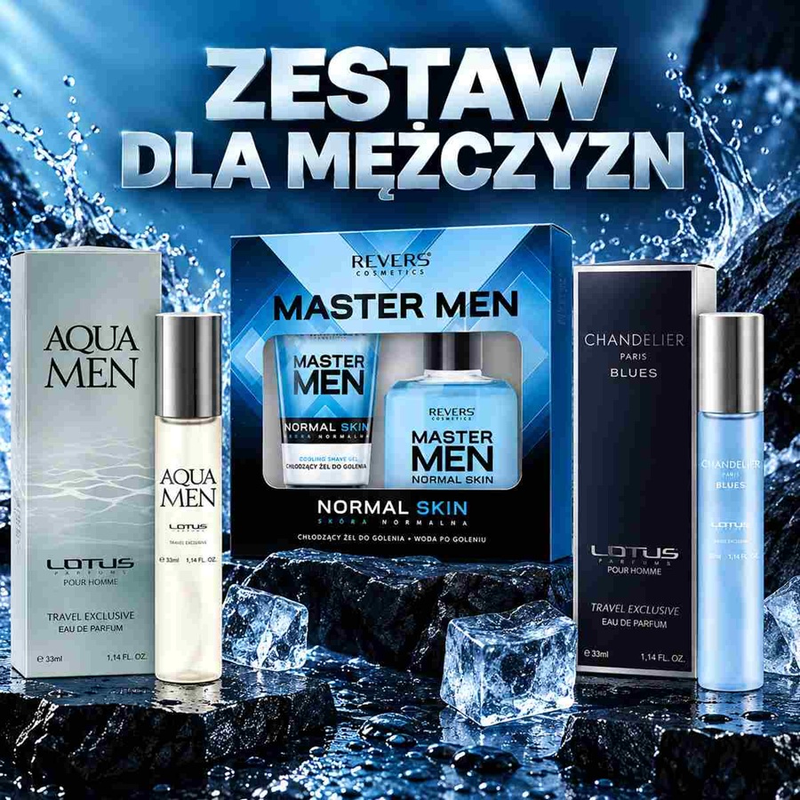 Zestaw kosmetyków dla mężczyzn 2 perfumetki Aqua Men Chandelier Blues żel i woda po goleniu Master Man